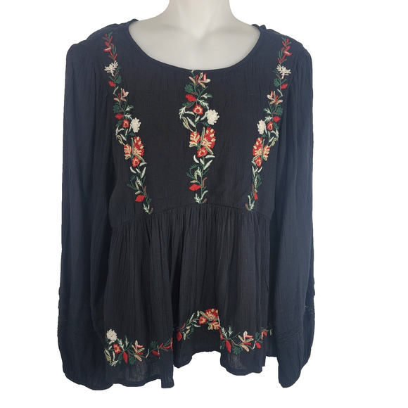 American Eagle Outfitters Tops - American Eagle Womens Embroidered Peasant Top Peplum Open Back Tie Black Sz XS